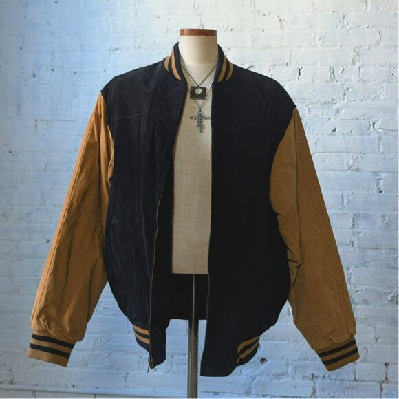 Vintage Jackets & Blazers - Y2K Vintage Black Leather Bomber Jacket Brown Suede Jacket Varsity Preppy Large